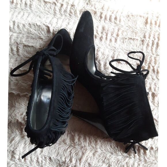 Calvin Klein Size 9M Black Suede Stiletto Lace Up Fringe Heels Statement Style - Picture 6 of 8